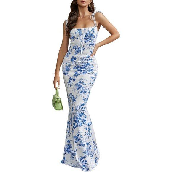 Women White Summer Floral Bodycon Spaghetti Strap Sleeveless Boho Maxi Dress